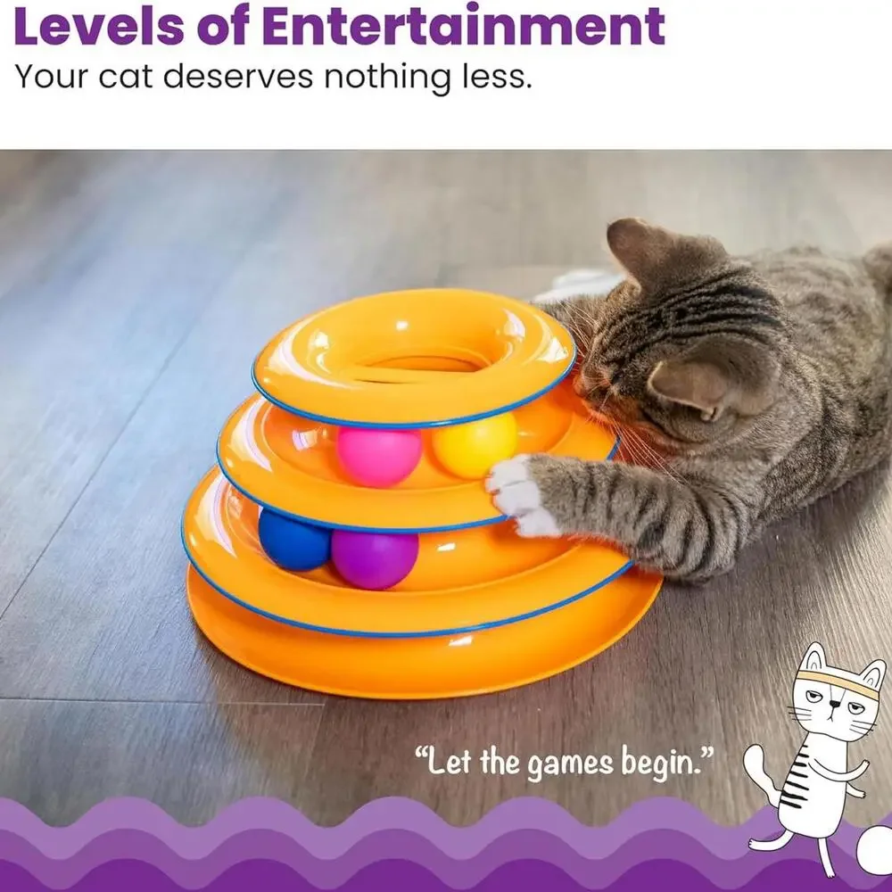 Catstages Tower of Tracks 3-Level Cat Track Toy with 6 Balls, , So Cute (Orange)